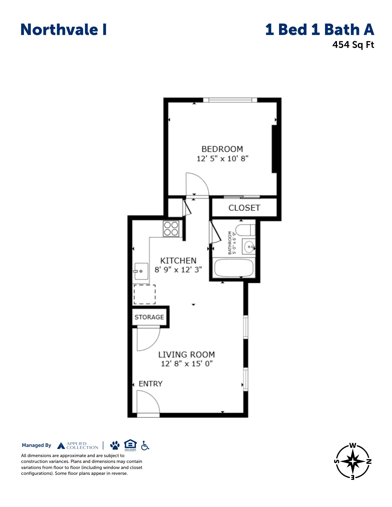 Floor plan for 1 bed, 1 bath, 454 sqft